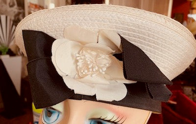 1940's Vintage White and Black Straw Hat