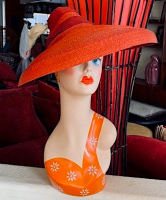 Vintage 40s Vixen Orange Rust Straw Hat Wide Brim Upsweep Ribbon