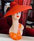 Vintage 40s Vixen Orange Rust Straw Hat Wide Brim Upsweep Ribbon