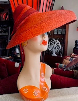 Vintage 40s Vixen Orange Rust Straw Hat Wide Brim Upsweep Ribbon