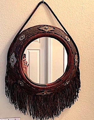 Vintage Bohemian Marrakech Fringed Leather Round Mirror