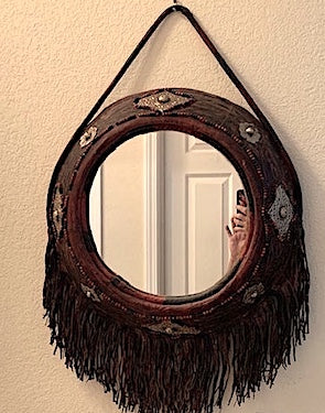 Vintage Bohemian Marrakech Fringed Leather Round Mirror