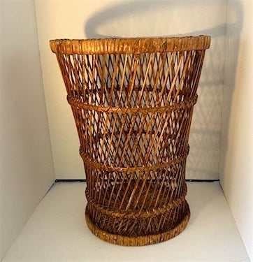 vintage rattan wastebasket.