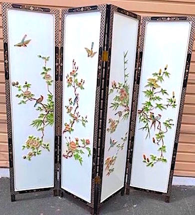 Asian 4-Panels White Screen "Birds on Floral Branches"