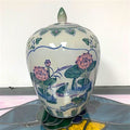 Ginger Jar Urn Pink Lotus and Teal Green Leaves on Pond