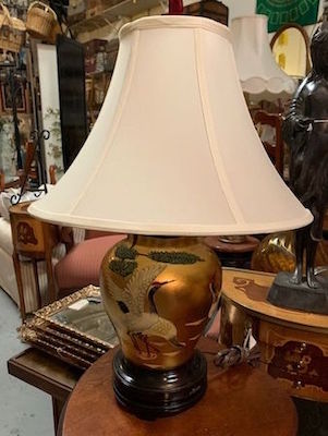 Gold Asian Longevity Cranes Motif Ceramic Lamp