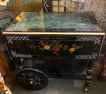 Vintage Black Enamel Chinoiserie Tea Cart