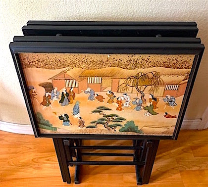 Vintage Artex Asian Theme Folding Table TV Trays Set