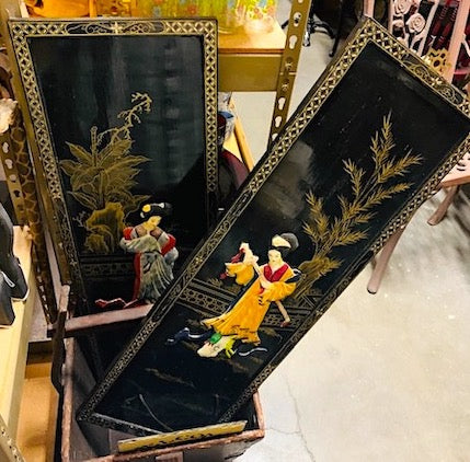 Vintage Asian Geisha Black Lacquer Wall Panels