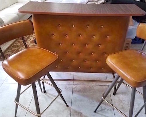 Vintage 1960s Tufted Naugahyde Cocktail Bar & 2 Matching Stools