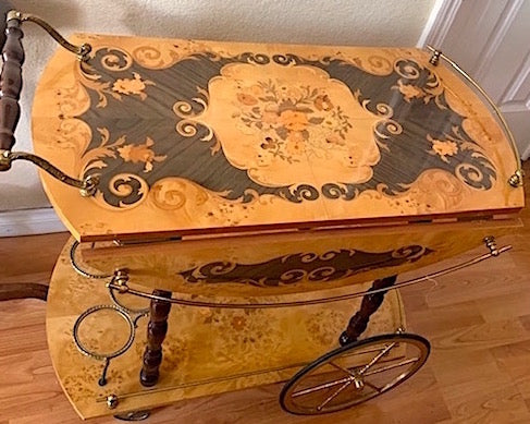Italian Inlaid Marquetry Wood Lacquered Drop Leaf Serving Bar & Tea Cart