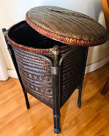 Vintage Woven Rattan Large Footed Basket with Top