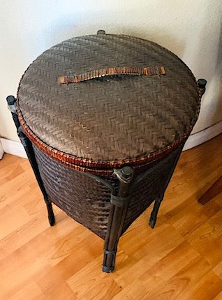Vintage Woven Rattan Large Footed Basket with Top