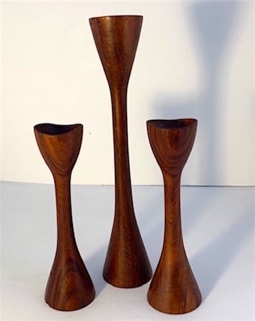 Mid Century Teak Candle Holders Tulip Shape Set of Three