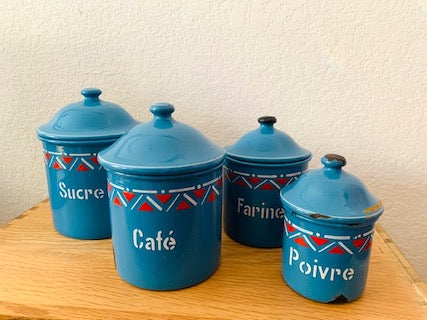 Vintage Blue Enamelware French Kitchen Canister Set