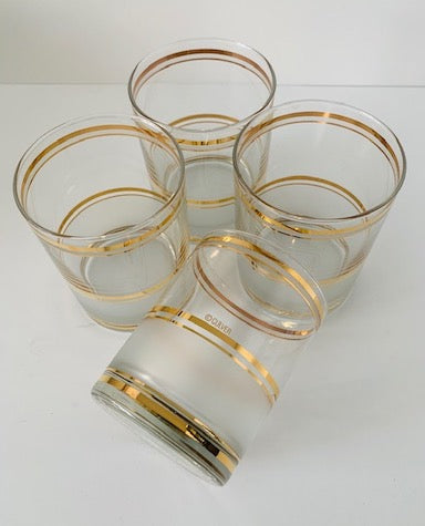 Vintage Culver Gold Rings on Clear and Frosted Lowball Glasses