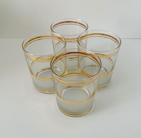 Vintage Culver Gold Rings on Clear and Frosted Lowball Glasses