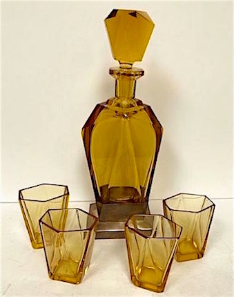 Art Deco Czech Palda Era Amber Glass & Sterling Silver Decanter Set
