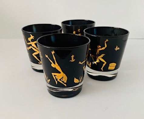 Mid Century Black and Gold Josephine Baker Dance Lowball Glasses