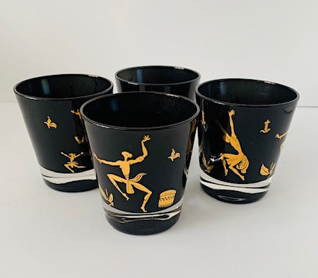 Mid Century Black and Gold Josephine Baker Dance Lowball Glasses