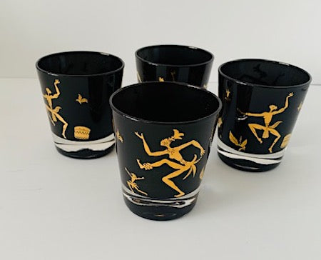 Mid Century Black and Gold Josephine Baker Dance Lowball Glasses