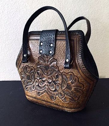 Vintage Mexican Hand Tooled Brown Leather Small Handbag