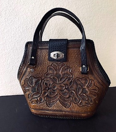 Vintage Mexican Hand Tooled Brown Leather Small Handbag