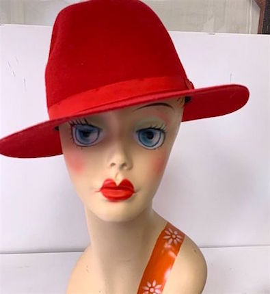 Vintage LL Beam Red Fedora - England  on Mannequin Head