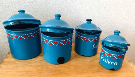 Vintage Blue Enamelware French Kitchen Canister Set
