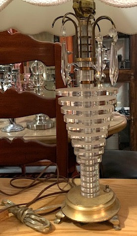 Mid Century Stacked Lucite Disk Table Lamp with Prisms and Brass Pedestal