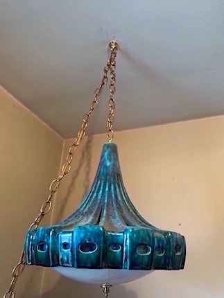 Mid Century Ceramic "Flying Saucer" Blue Turquoise Swag Lamp