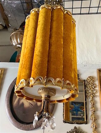 Vintage 1960s Swag Hanging Lamp Gold Velvet Drum Shade