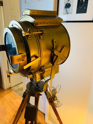 Brass Aluminum Color Spotlight Floor Lamp with Wooden Tripod