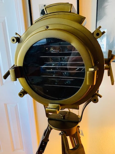 Brass Aluminum Color Spotlight Floor Lamp with Wooden Tripod
