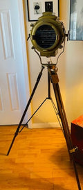Brass Aluminum Color Spotlight Floor Lamp with Wooden Tripod