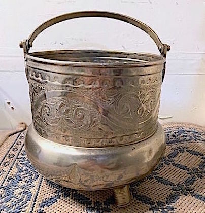 Vintage Metal Bucket with Handle and Feet, Hammered Design