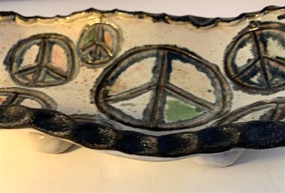 Handmade Studio Pottery Peace Sign Bowl with Feet