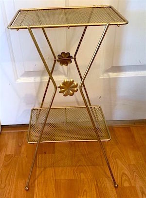Mid Century Modern Gold Metal Mesh Wire Two Tier Telephone Stand