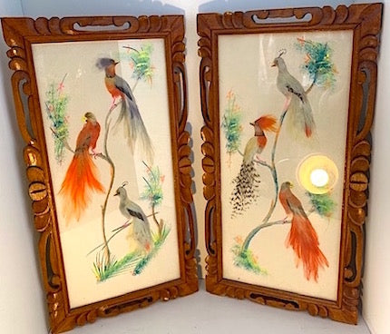 Vintage Carved Wood Framed Mexican Feather Art