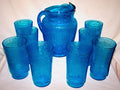 Vintage Cobalt Blue Glass Pitcher Set with 8 Glasses