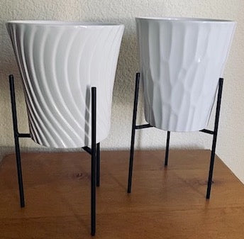 Small White Glazed Ceramic Planters Tapered with Black Metal Stands