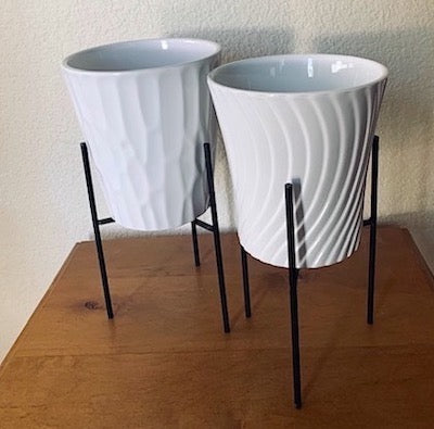 Small White Glazed Ceramic Planters Tapered with Black Metal Stands