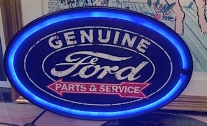Blue Neon Ford Parts & Services Oval Wall Sign