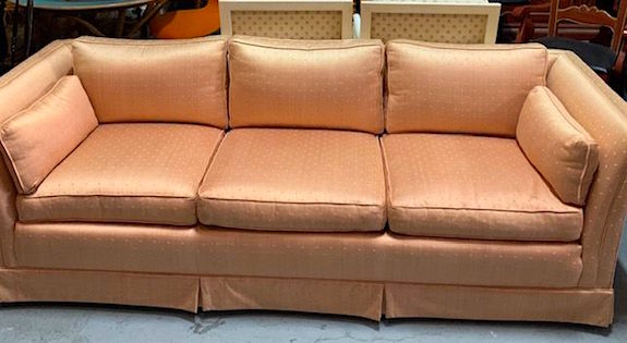 Vintage 1960s Low Profile “Savanah” Peach Satiny Small Print Sofa