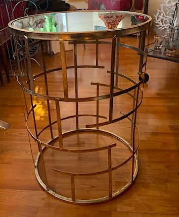 Circular Side Table Clear Glass Top on Brushed Gold Geometric Base