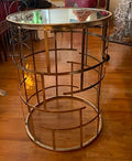 Circular Side Table Clear Glass Top on Brushed Gold Geometric Base