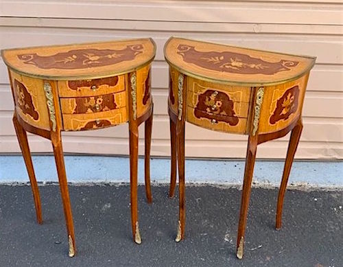 1930s Marquetry Inlay End Side Demi Lune Nightstands