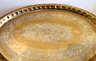 MCM Moorish Brass Large Oval Tray Coffee Table Teak Spider Leg