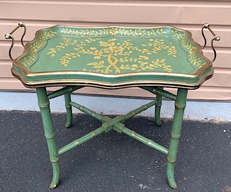 Hollywood Regency Hand Painted Faux Bamboo Floral Tray Table