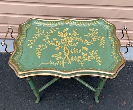Hollywood Regency Hand Painted Faux Bamboo Floral Tray Table